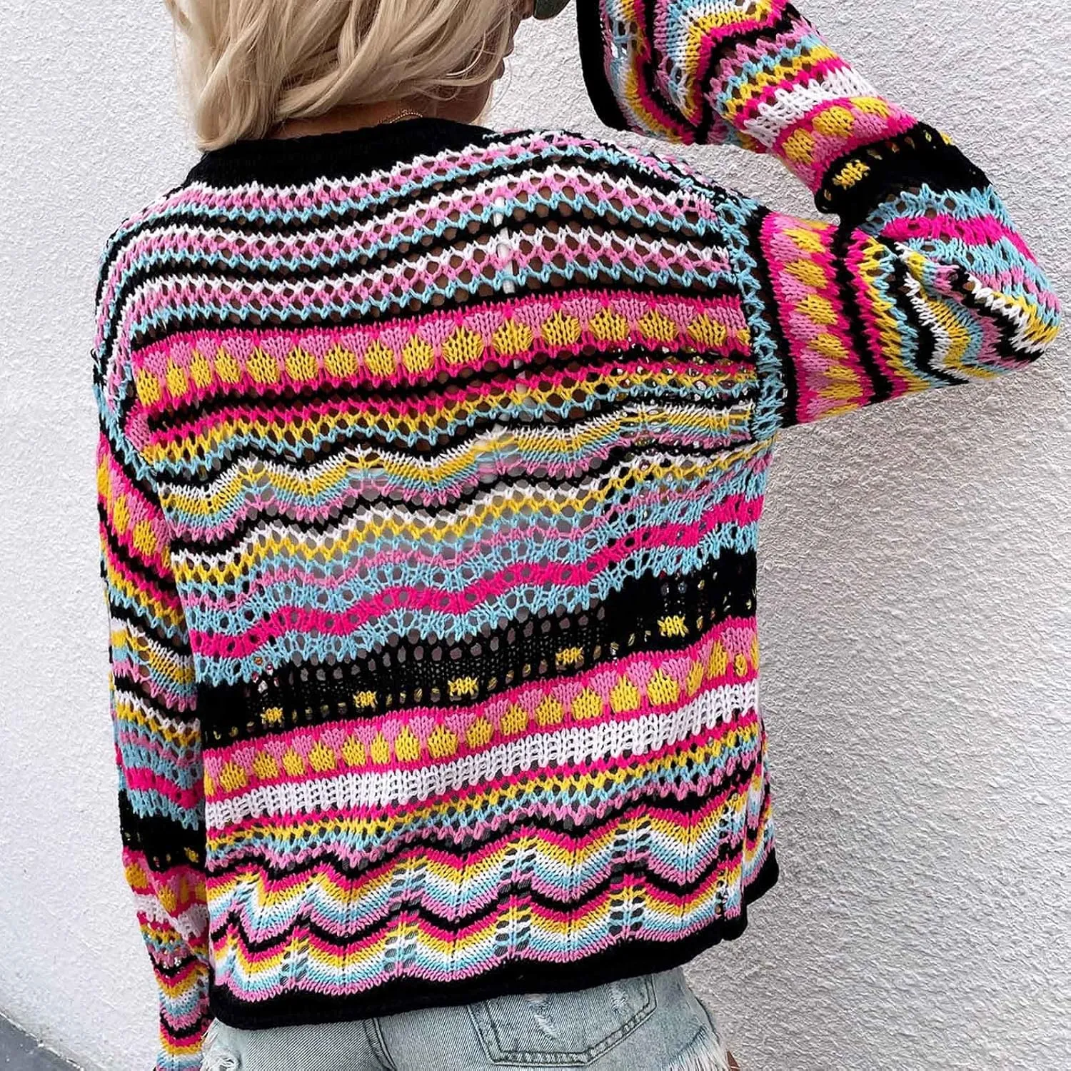 Oplxuo Women's Cardigan Sweaters Tops Ladies Sexy Hollow Out Rainbow Coats Crochet Knit Outwear Long Sleeve Button Cardigans
