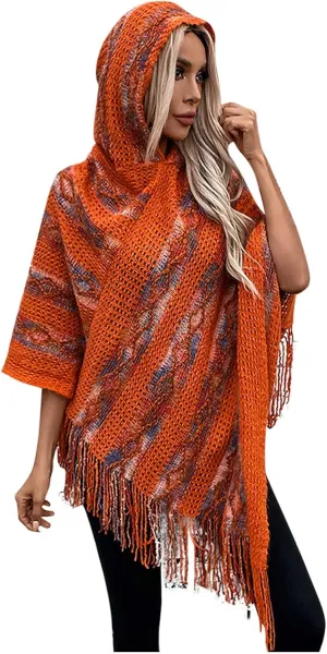 Oplxuo Women's Shawl Wrap Color Block Knit Hoodies Sweaters Tops Boho Tassel Asymmetric Hem Poncho Hooded Cape Outwear