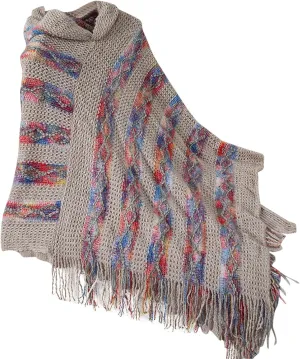 Oplxuo Women's Shawl Wrap Color Block Knit Hoodies Sweaters Tops Boho Tassel Asymmetric Hem Poncho Hooded Cape Outwear