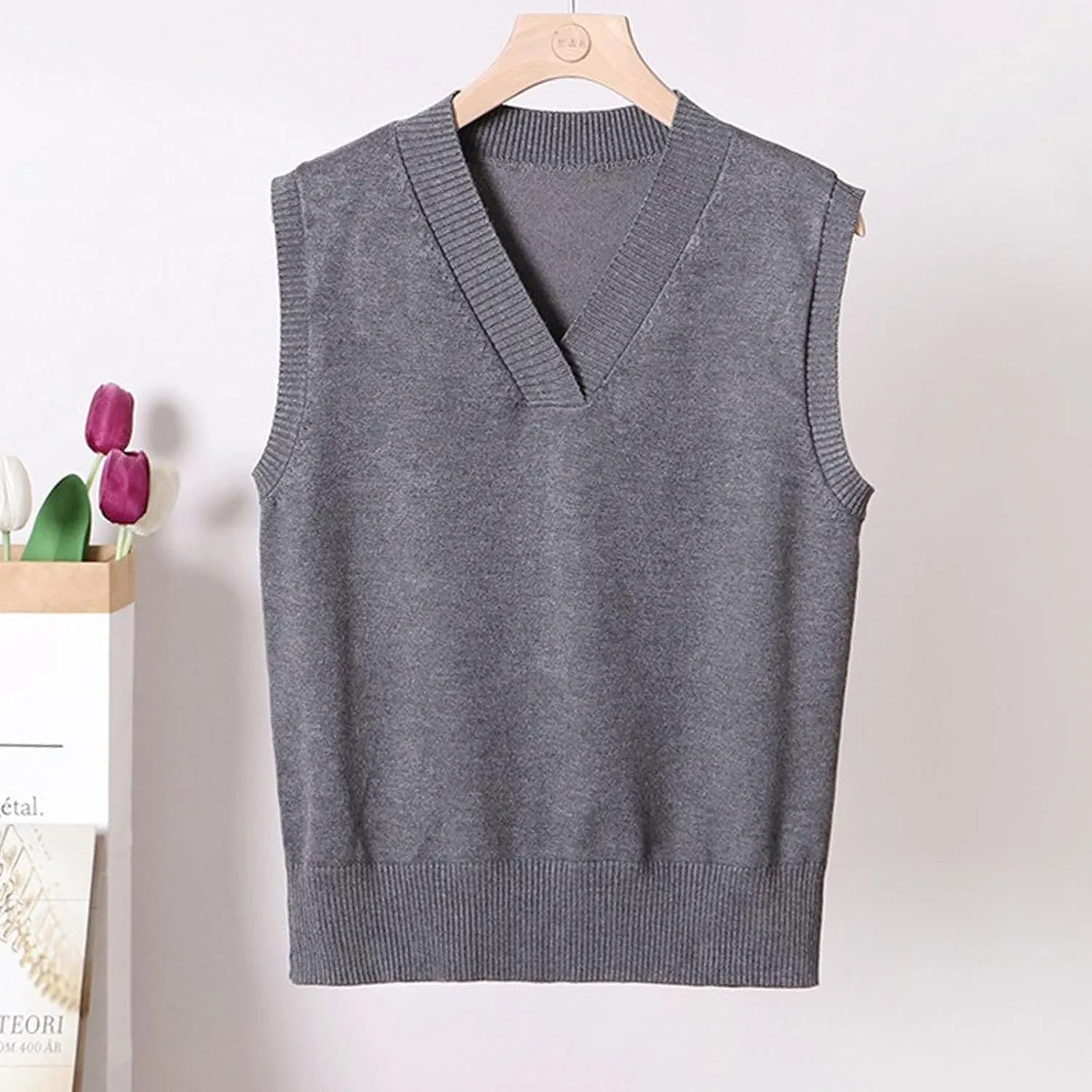 Oversized Sweater Vest for Women School Uniform Sleeveless V Neck Pullover Knitwear Tops Solid Tunic Tank Tops