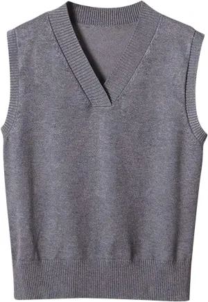 Oversized Sweater Vest for Women School Uniform Sleeveless V Neck Pullover Knitwear Tops Solid Tunic Tank Tops