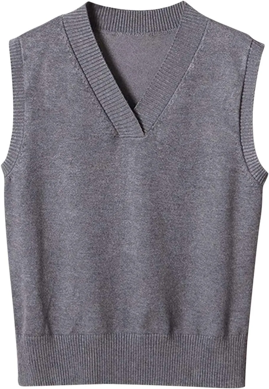 Oversized Sweater Vest for Women School Uniform Sleeveless V Neck Pullover Knitwear Tops Solid Tunic Tank Tops