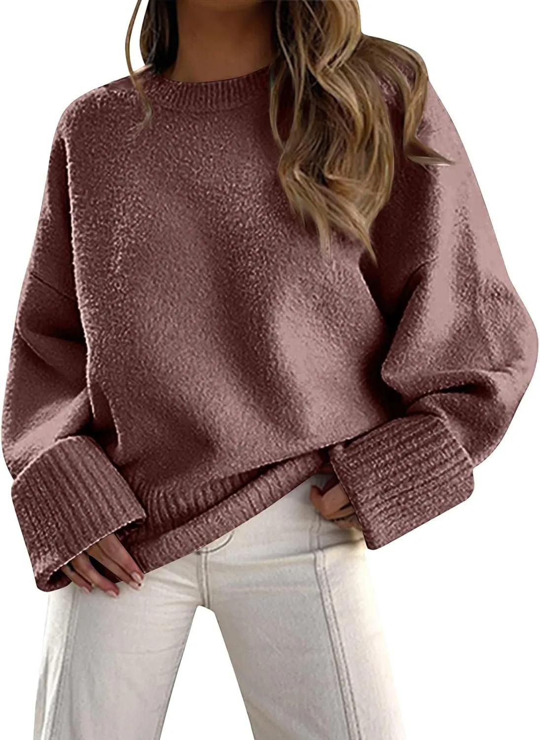 Oversized Sweaters for Women Crewneck Chunky Knit Sweater Fall Trendy Long Sleeve Fuzzy Fleece Pullover Sweaters