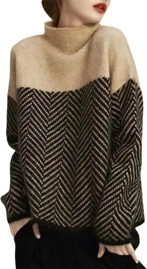 Oversized Sweaters for Womens Turtleneck Long Sleeve Trendy Color Block Sweaters Casual Soft Spring 2025 Pullover Tops