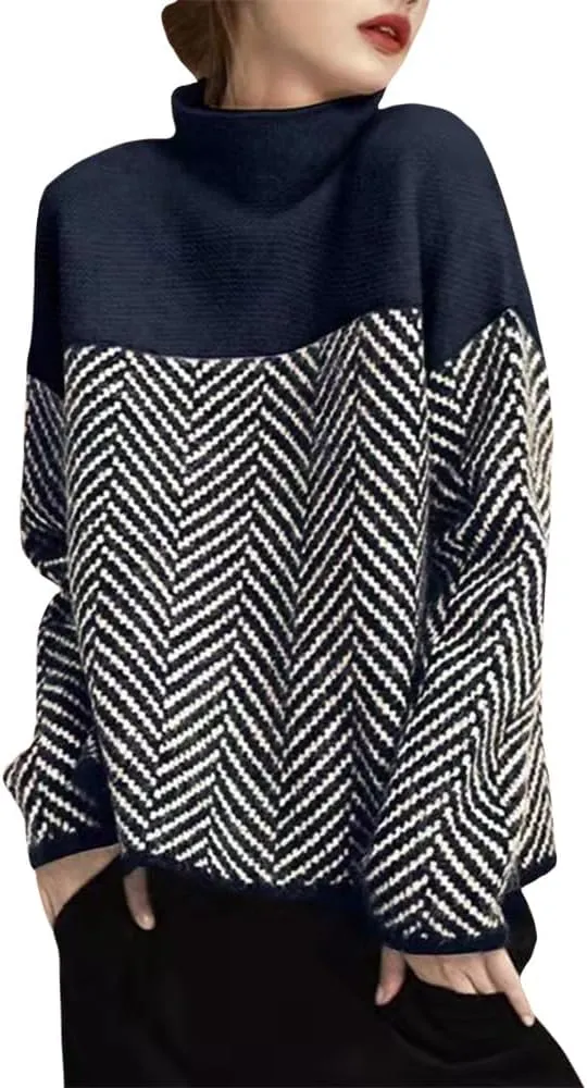 Oversized Sweaters for Womens Turtleneck Long Sleeve Trendy Color Block Sweaters Casual Soft Spring 2025 Pullover Tops
