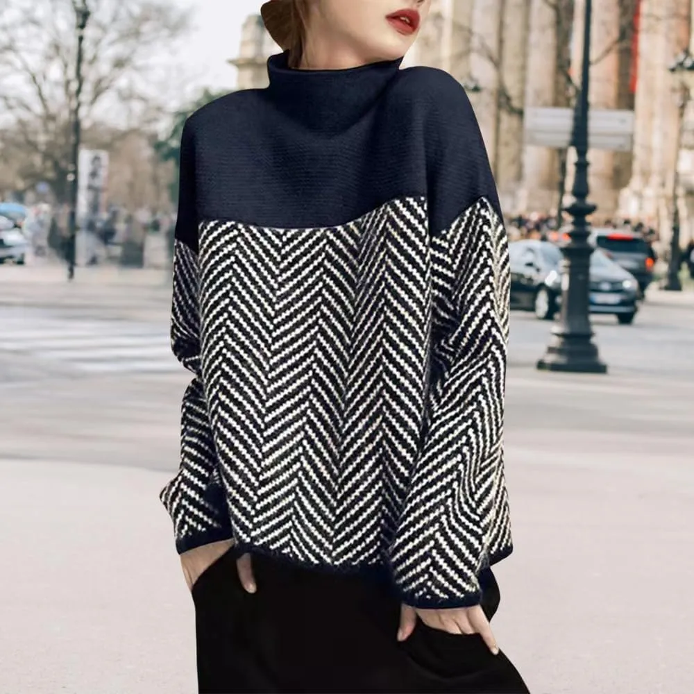 Oversized Sweaters for Womens Turtleneck Long Sleeve Trendy Color Block Sweaters Casual Soft Spring 2025 Pullover Tops
