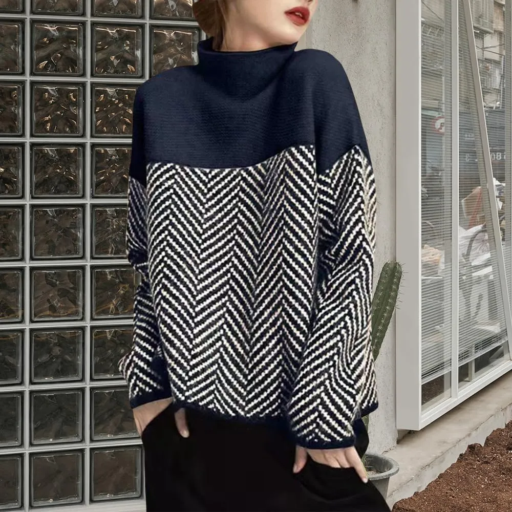 Oversized Sweaters for Womens Turtleneck Long Sleeve Trendy Color Block Sweaters Casual Soft Spring 2025 Pullover Tops
