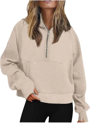 Oversized Sweatshirt for Women Fleece Lined Cropped Hoodies Half Zip Pullover Long Sleeve Workout Sweatshirt Pockets