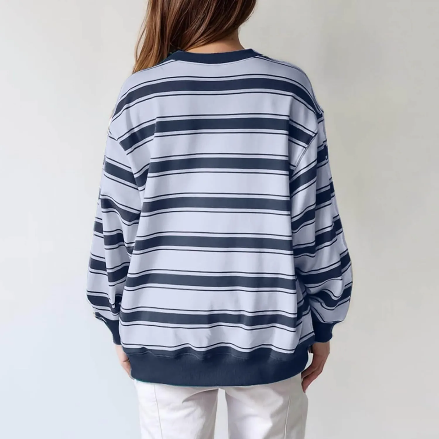 Oversized Sweatshirt for Women Striped Print Lightweight Crewneck Long Sleeve Pullover Tops Fall Workout Loose Hoodie