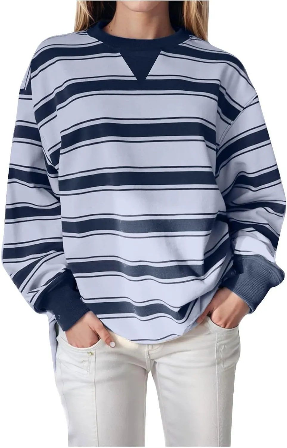 Oversized Sweatshirt for Women Striped Print Lightweight Crewneck Long Sleeve Pullover Tops Fall Workout Loose Hoodie