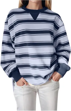 Oversized Sweatshirt for Women Striped Print Lightweight Crewneck Long Sleeve Pullover Tops Fall Workout Loose Hoodie