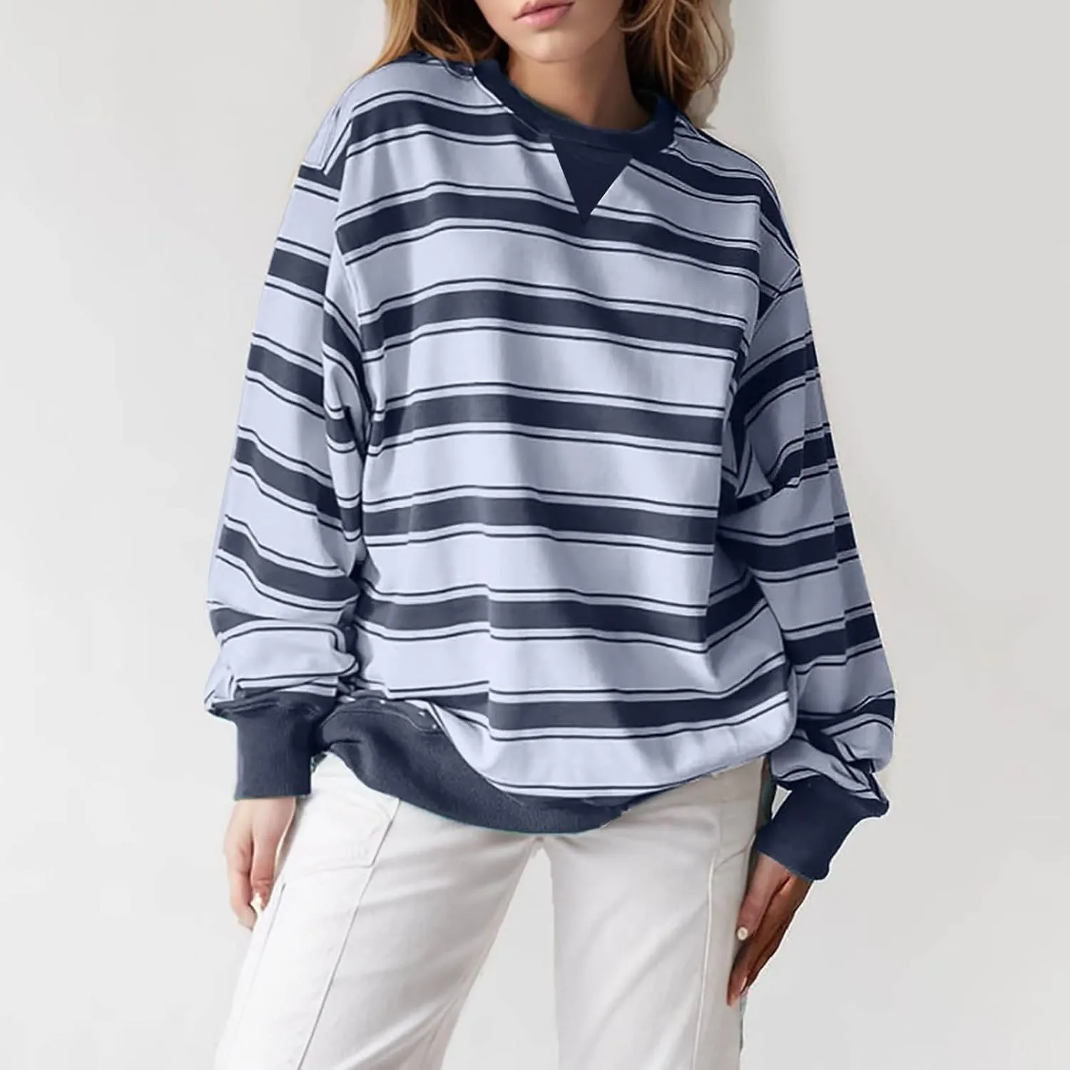 Oversized Sweatshirt for Women Striped Print Lightweight Crewneck Long Sleeve Pullover Tops Fall Workout Loose Hoodie