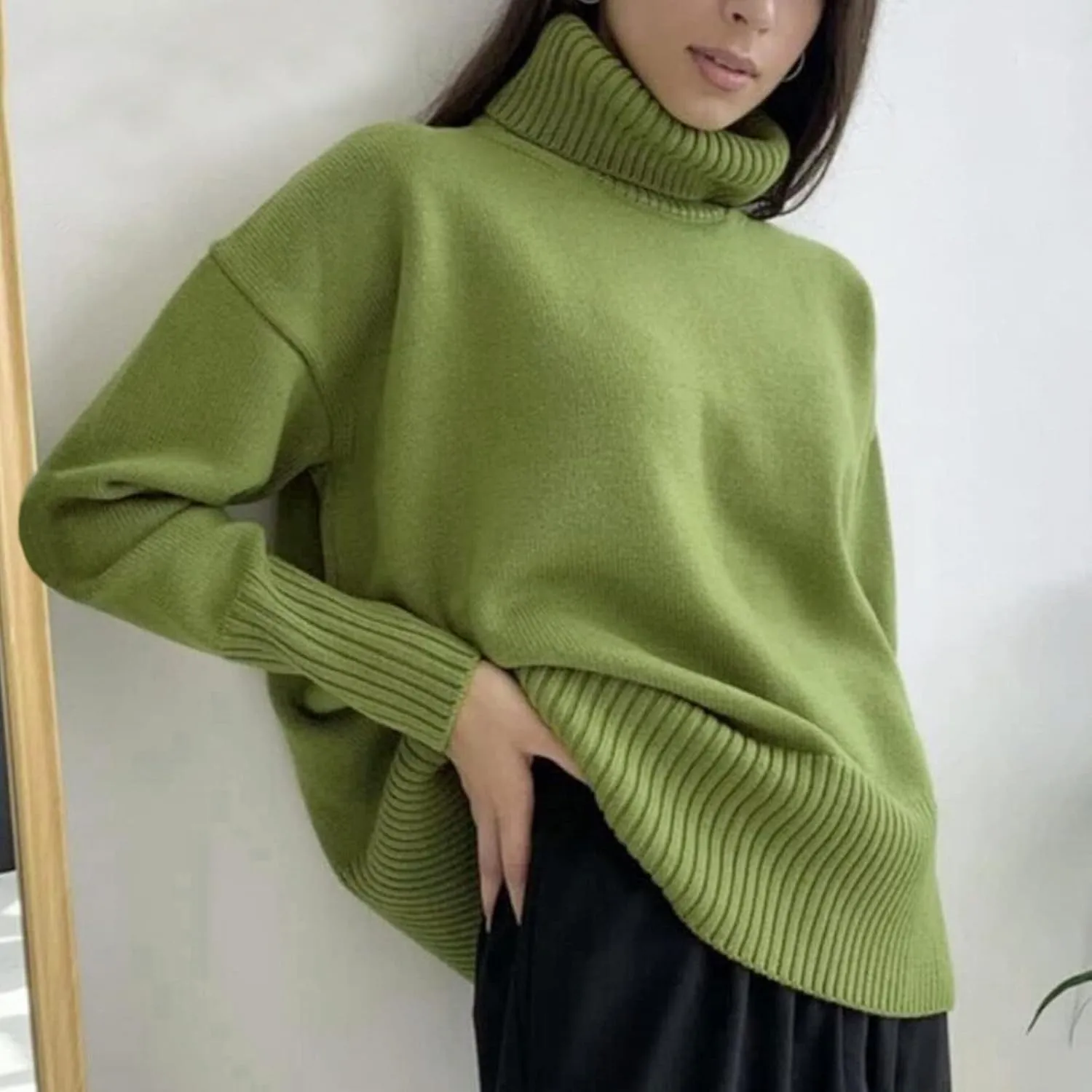 Oversized Turtleneck Sweater for Women Loose Casual Long Sleeve Knitted Fall Winter Soft Warm Pullover Jumper Tops