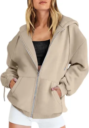 Oversized Zip Up Sweatshirts for Women Loose Casual Long Sleeve Jackets Drawstring Hooded Coats Hoodies with Pocket