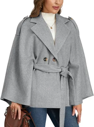 Perbai Women's Lapel Double Breasted Wool Blend Trench Coats Belted Oversized Cloak Poncho Wrap Overcoat