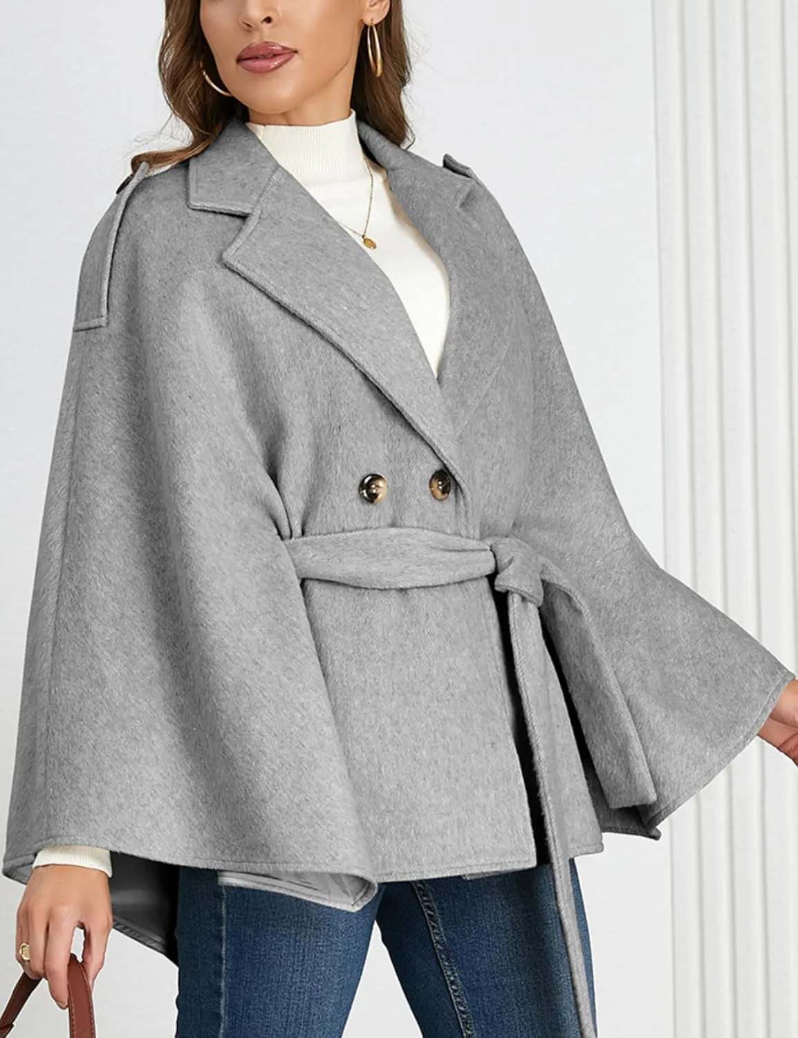 Perbai Women's Lapel Double Breasted Wool Blend Trench Coats Belted Oversized Cloak Poncho Wrap Overcoat