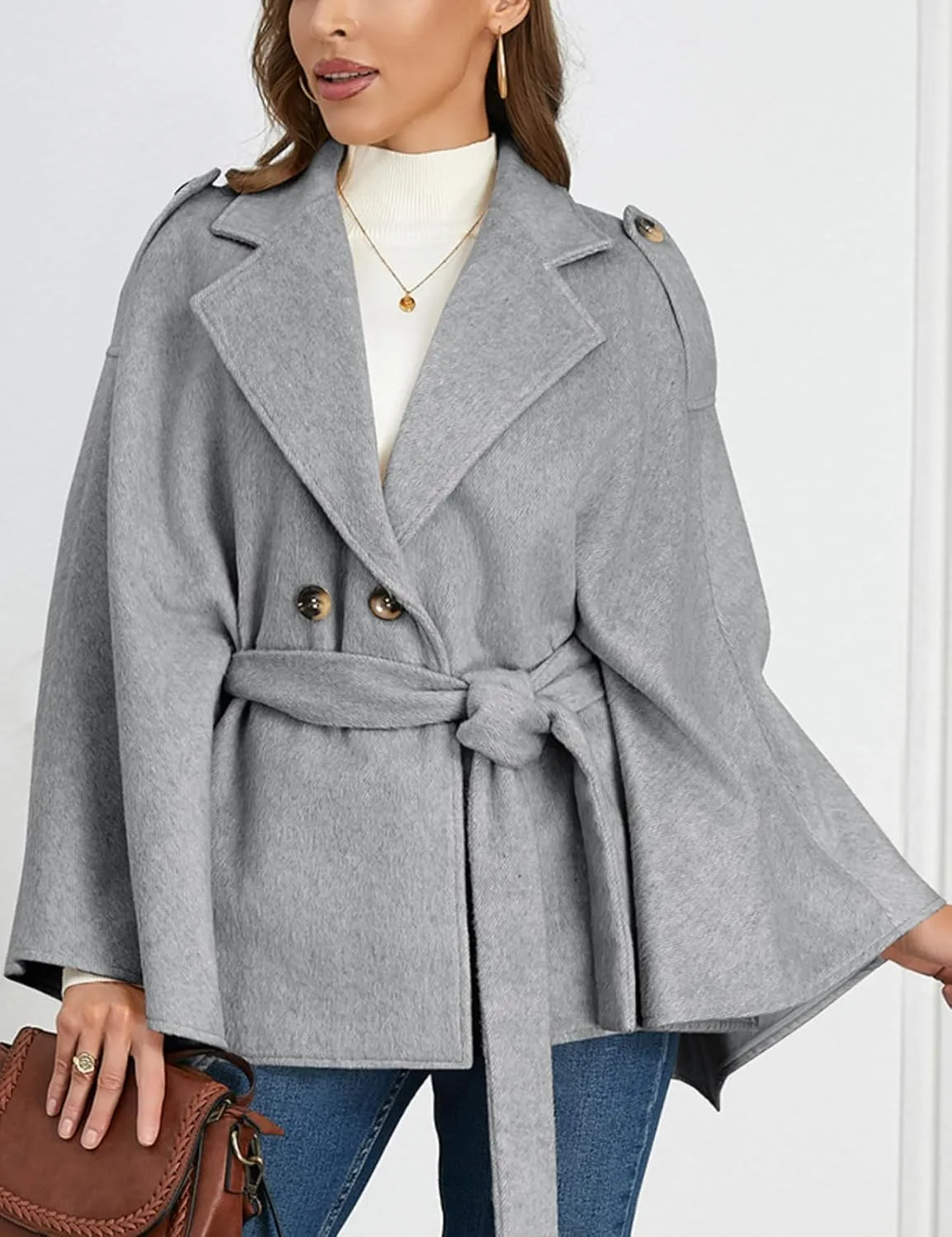 Perbai Women's Lapel Double Breasted Wool Blend Trench Coats Belted Oversized Cloak Poncho Wrap Overcoat