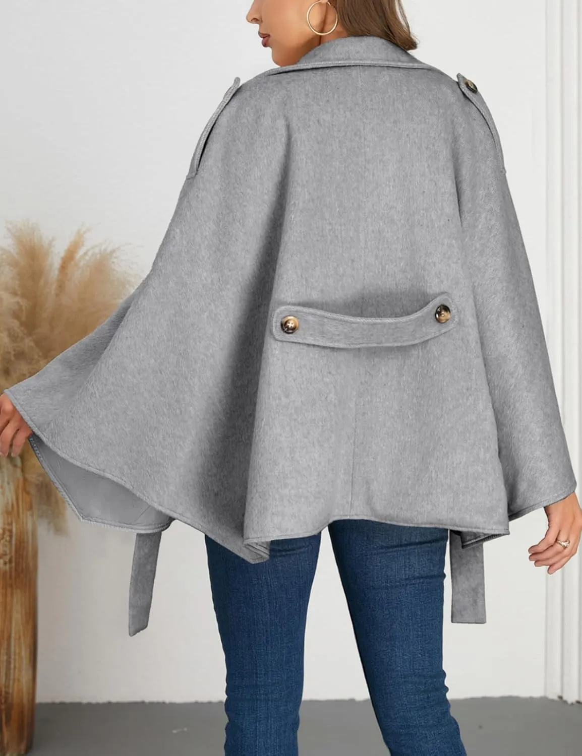 Perbai Women's Lapel Double Breasted Wool Blend Trench Coats Belted Oversized Cloak Poncho Wrap Overcoat