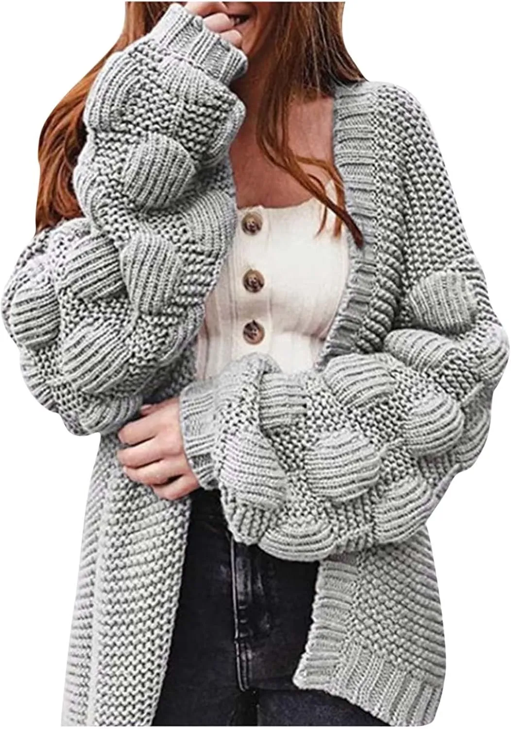 Plus Size Crochet Chunky Knit Sweaters for Women Long Sleeve Open Front Cardigan Outerwear Boho Fall Trendy Sweater