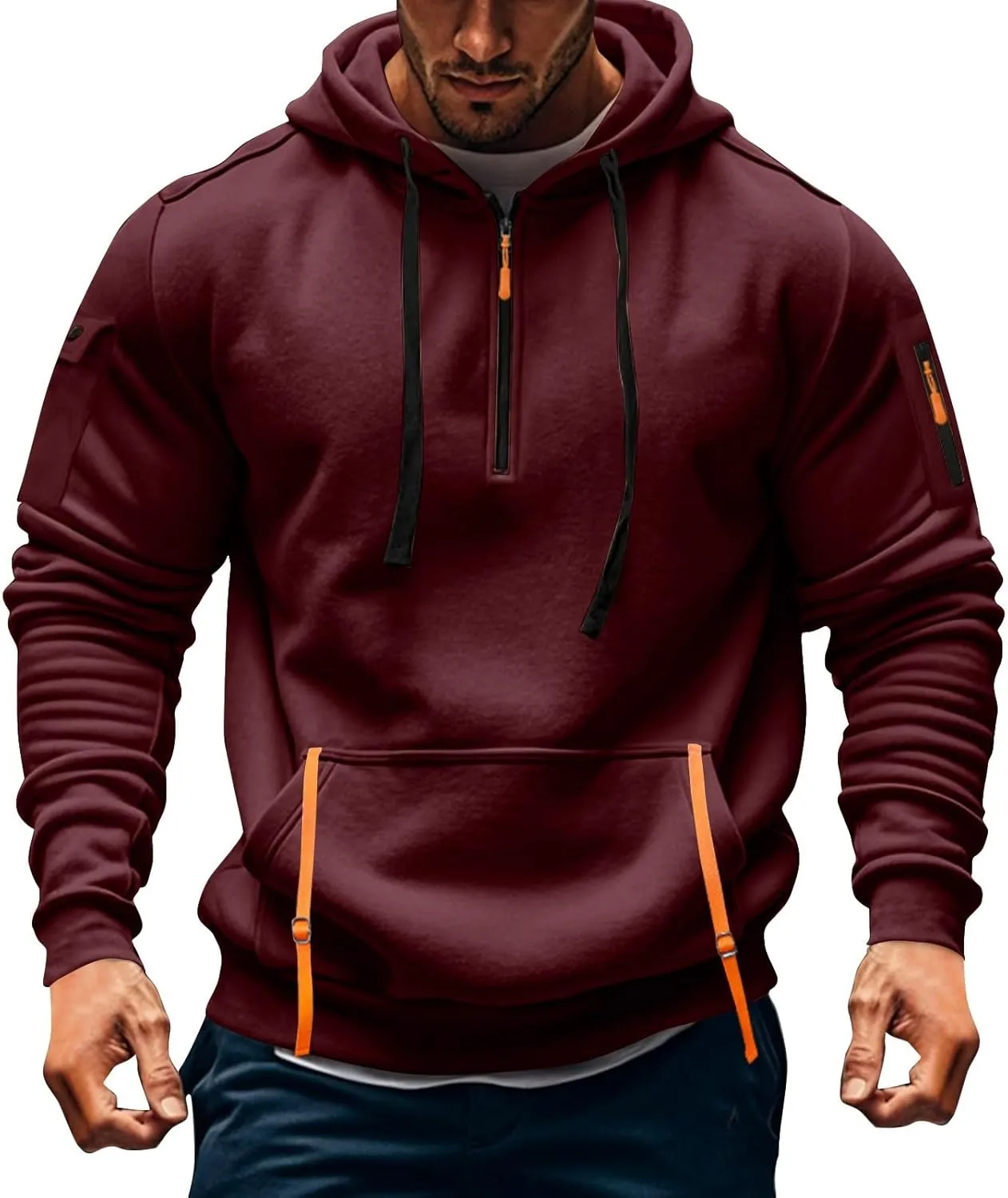 Quarter Zip Pullover Men Long Sleeve Workout Drawstring Hoodie Vintage Tactical Jacket Camo Sweater Winter Coats