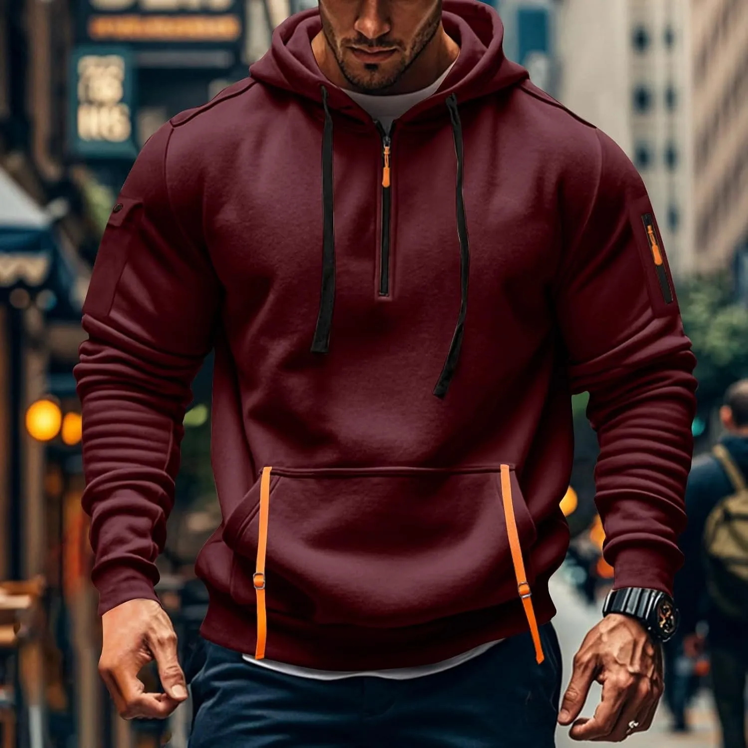 Quarter Zip Pullover Men Long Sleeve Workout Drawstring Hoodie Vintage Tactical Jacket Camo Sweater Winter Coats
