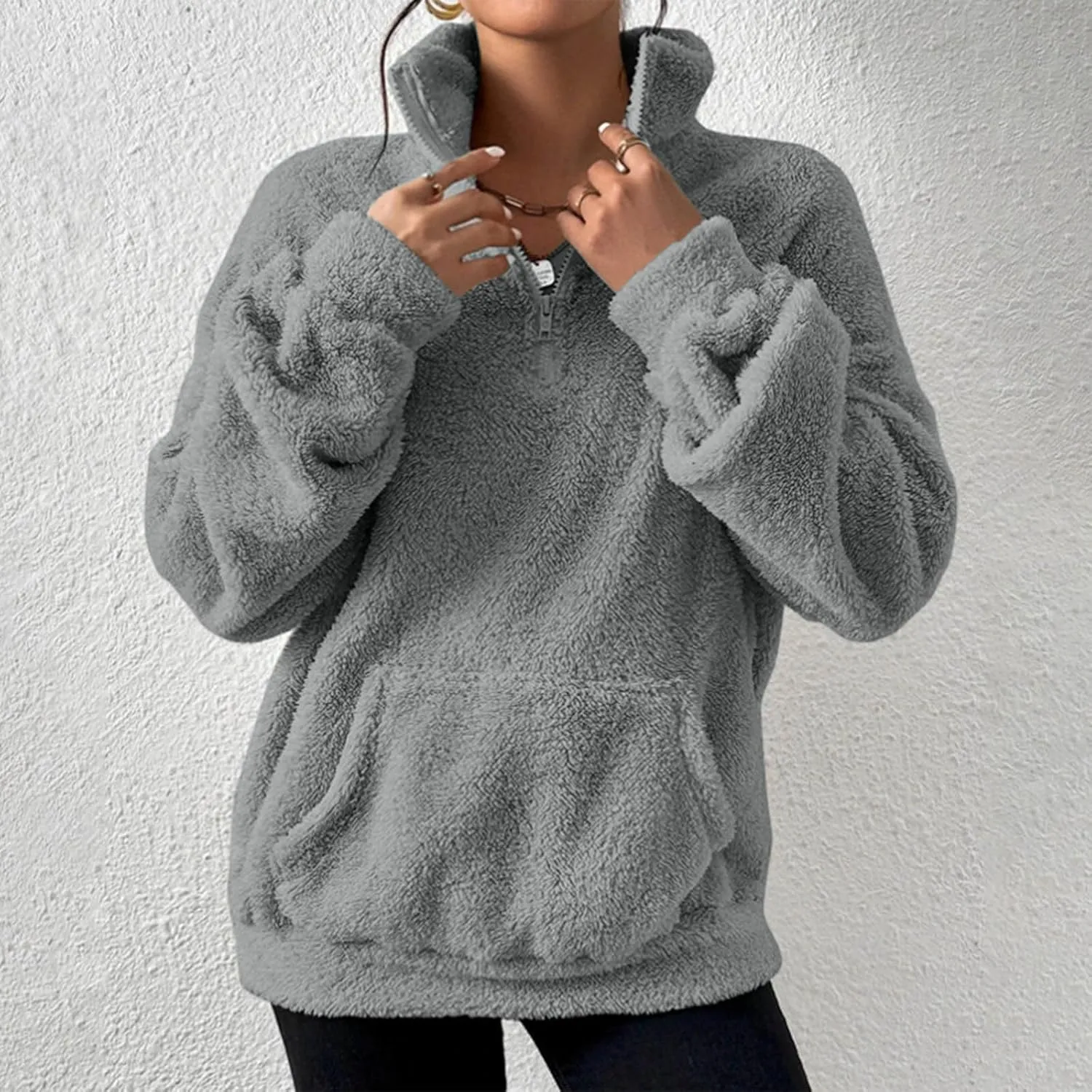 Quarter Zip Pullover Women Fuzzy Fleece Half Zip Pullover Sweatshirts Cozy Fluffy Sherpa Lined Hoodie with Pockets