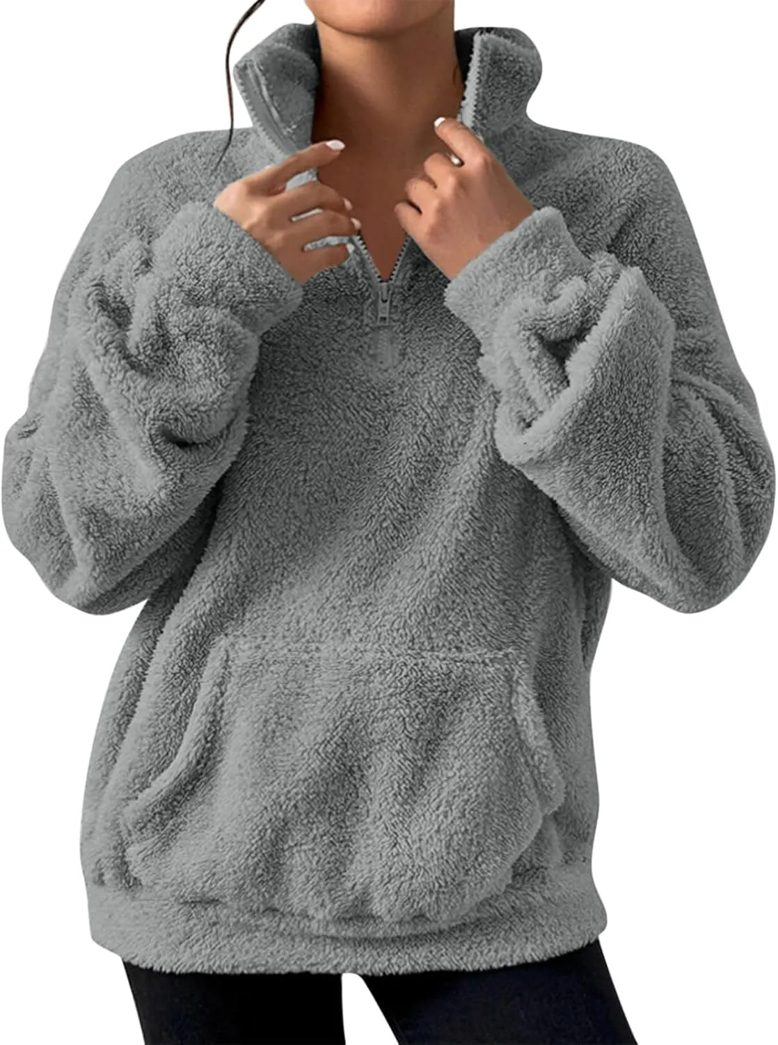 Quarter Zip Pullover Women Fuzzy Fleece Half Zip Pullover Sweatshirts Cozy Fluffy Sherpa Lined Hoodie with Pockets