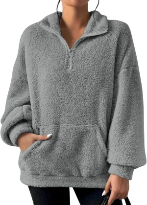 Quarter Zip Pullover Women Fuzzy Fleece Half Zip Pullover Sweatshirts Cozy Fluffy Sherpa Lined Hoodie with Pockets