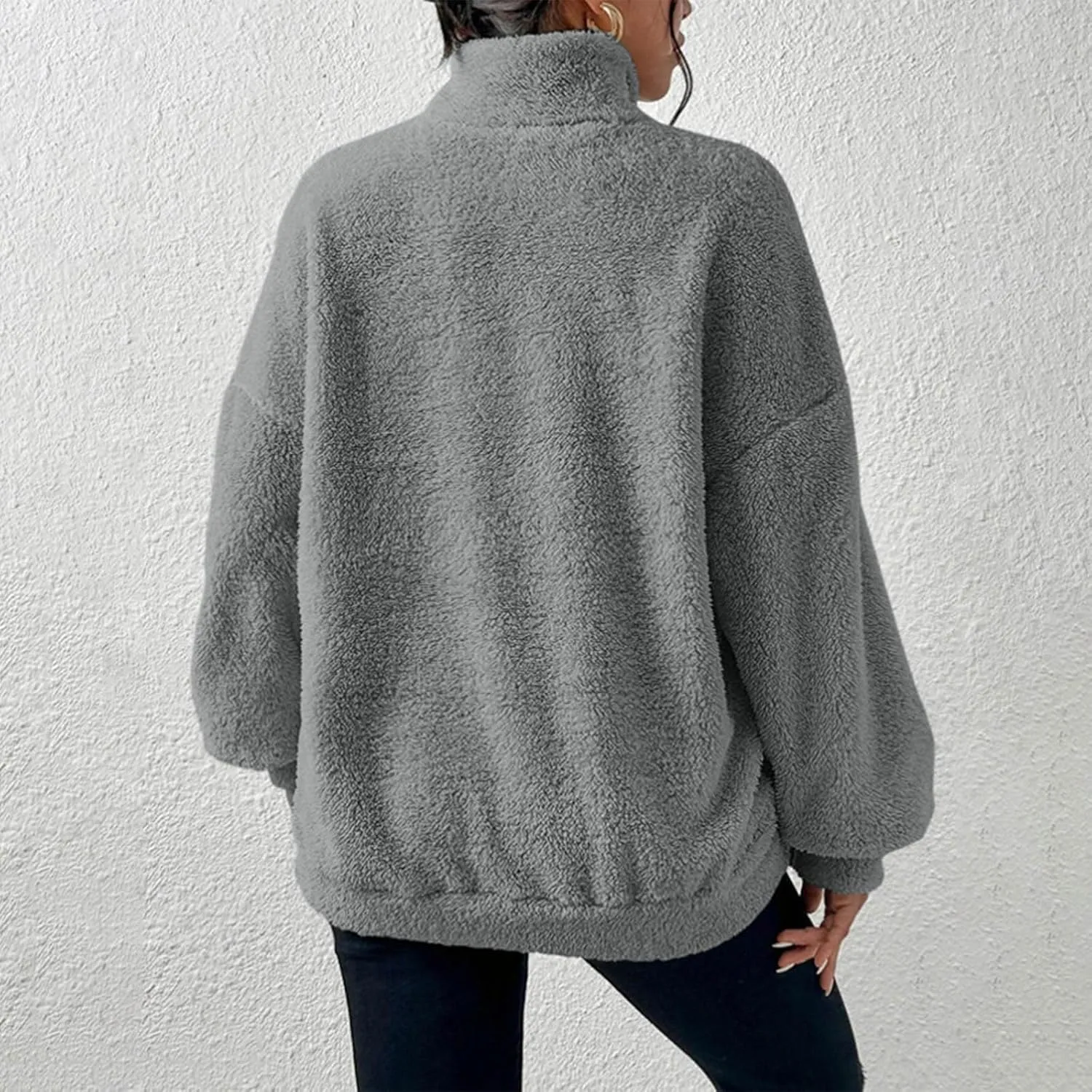 Quarter Zip Pullover Women Fuzzy Fleece Half Zip Pullover Sweatshirts Cozy Fluffy Sherpa Lined Hoodie with Pockets