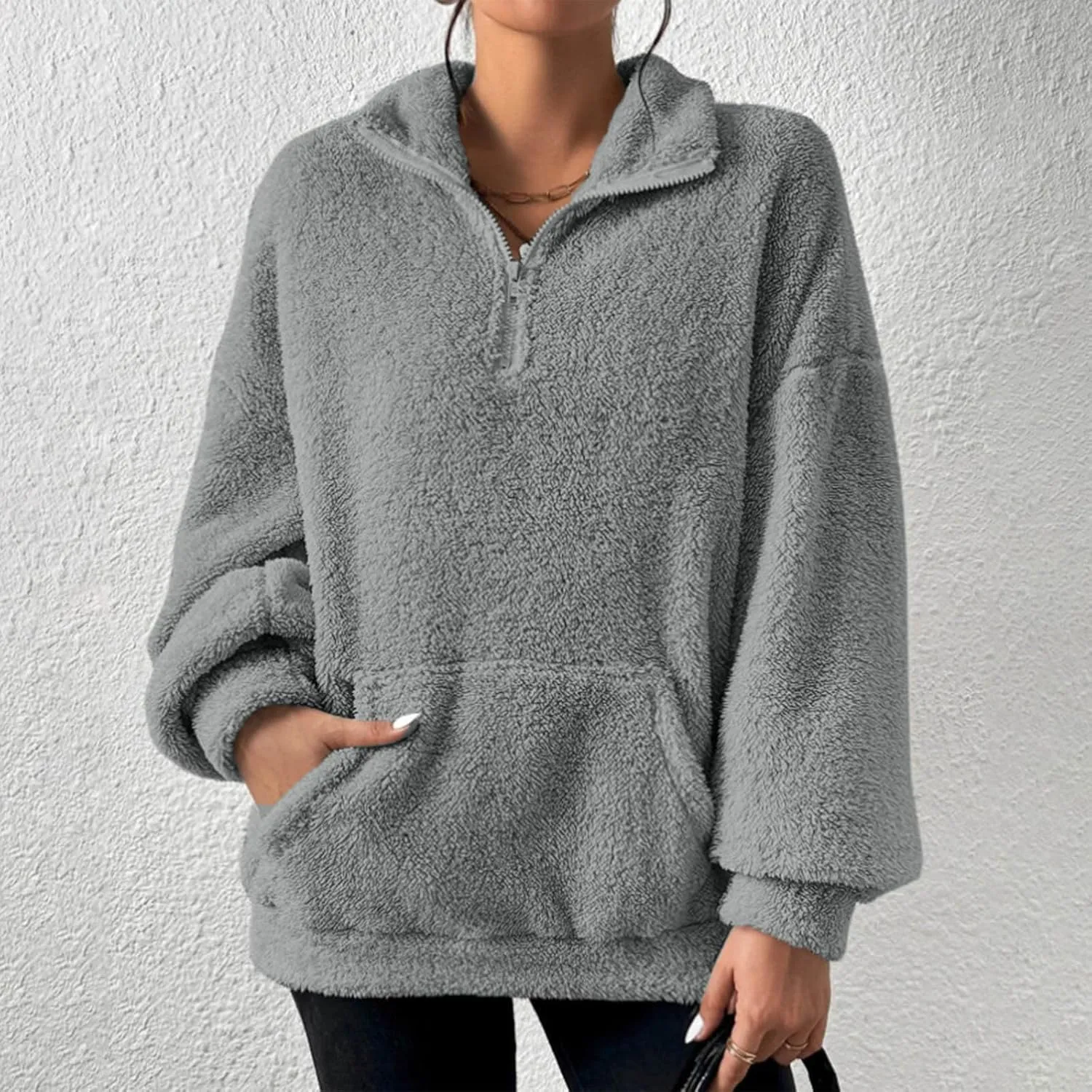 Quarter Zip Pullover Women Fuzzy Fleece Half Zip Pullover Sweatshirts Cozy Fluffy Sherpa Lined Hoodie with Pockets