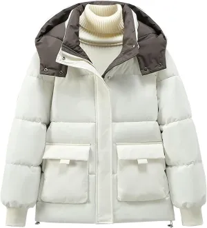 Quilted Jackets for Women Winter Thermal Full-Zip Puffer Jacket Fashion Thickened down Coats Snow Jackets with Hood