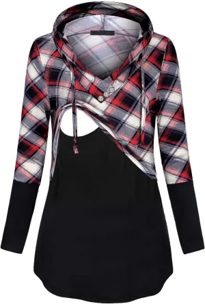 Quinee Women's Long Sleeve Plaid Colorblock Nursing Pullover Hoodie Sweatshirts
