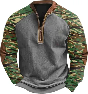 QWENTMTNTY Camo Sweatshirt for Men Crewneck Camouflage Western Light Weight Big and Tall Zip Cool Vintage Pullover Shirts