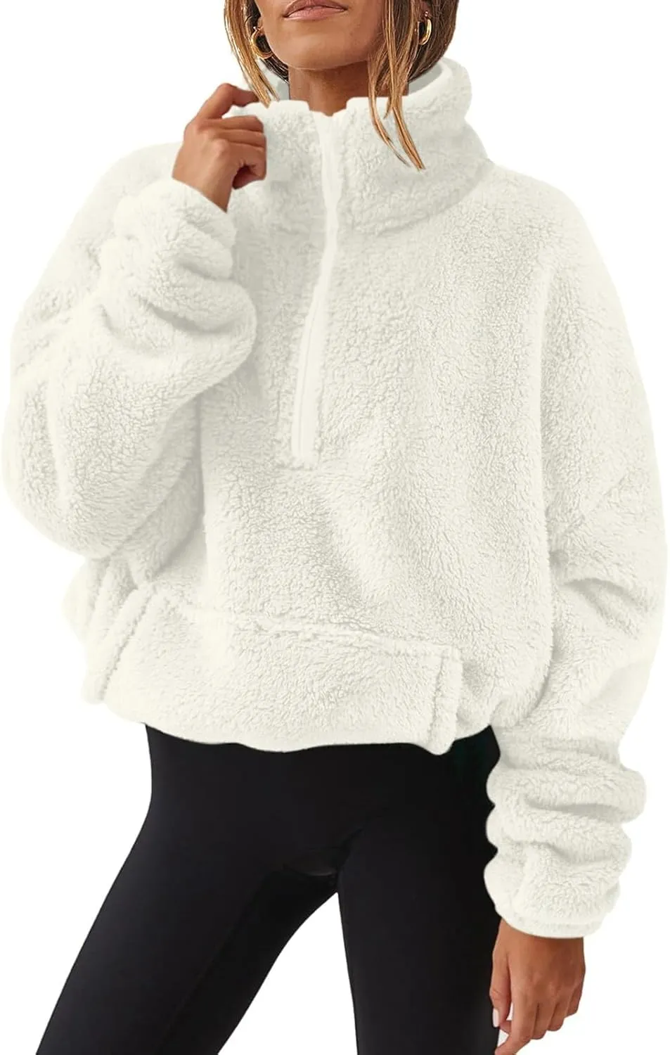 Sherpa Half Zip Pullover Women Fleece Cropped Sweatshirt Fall Fashion 2024 Stand Collar Pullover Sweater with Pocket