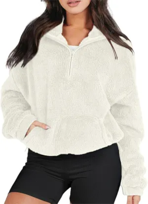 Sherpa Half Zip Pullover Women Fleece Cropped Sweatshirt Fall Fashion 2024 Stand Collar Pullover Sweater with Pocket