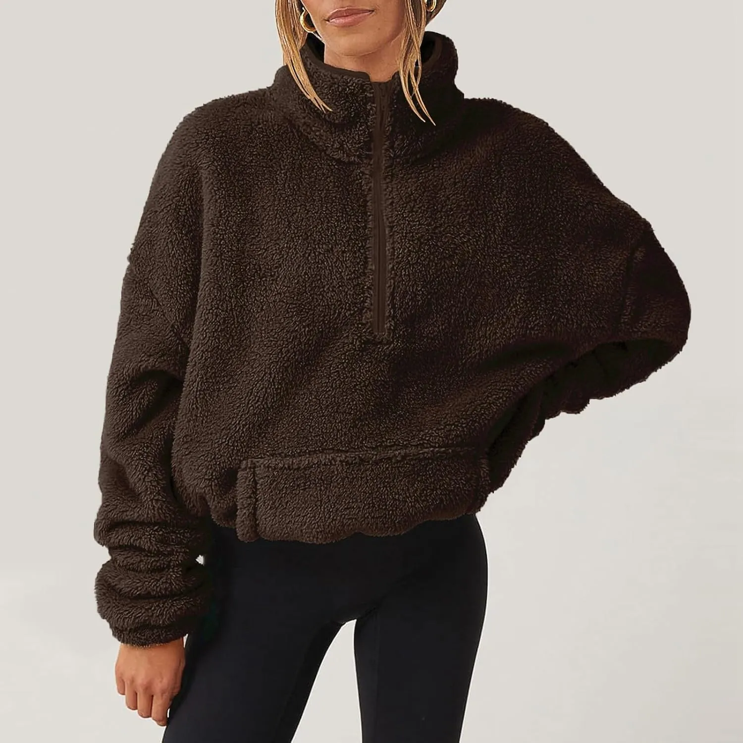 Sherpa Half Zip Pullover Women Oversized Quarter Zip Cropped Sweatshirt Fuzzy Fleece Lined Zip Up Hoodie with Pockets