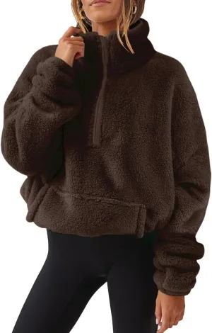 Sherpa Half Zip Pullover Women Oversized Quarter Zip Cropped Sweatshirt Fuzzy Fleece Lined Zip Up Hoodie with Pockets