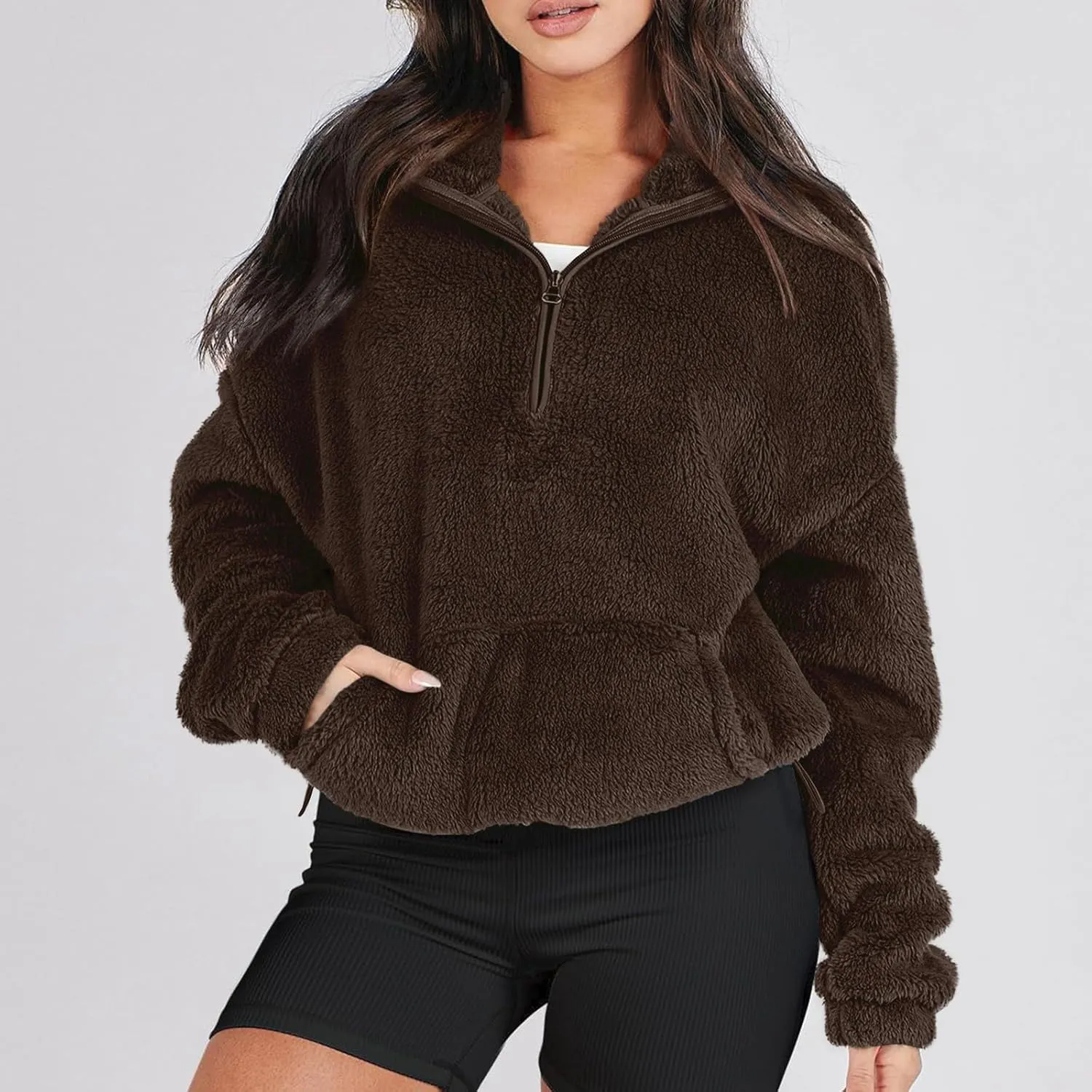 Sherpa Half Zip Pullover Women Oversized Quarter Zip Cropped Sweatshirt Fuzzy Fleece Lined Zip Up Hoodie with Pockets