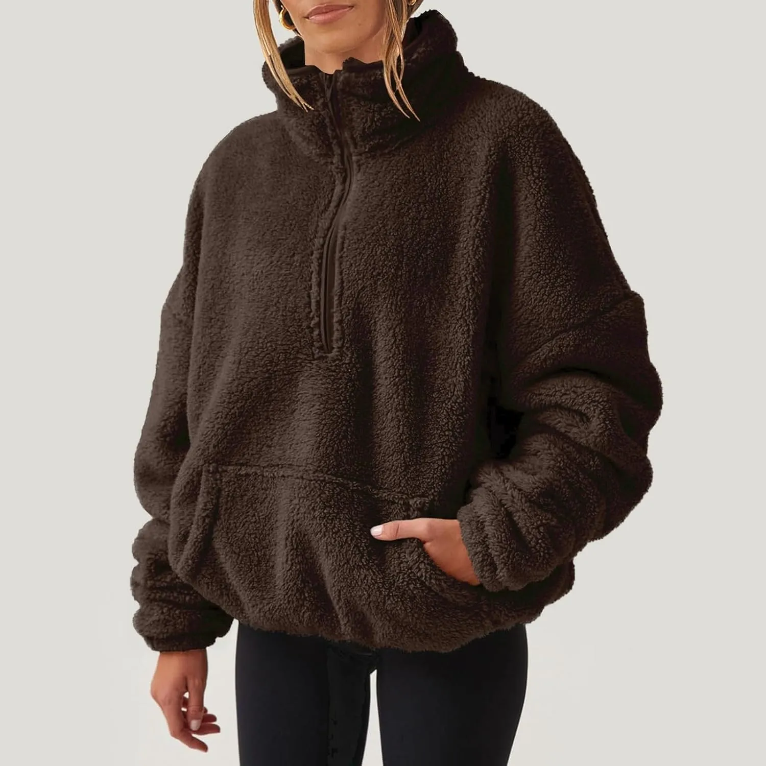 Sherpa Half Zip Pullover Women Oversized Quarter Zip Cropped Sweatshirt Fuzzy Fleece Lined Zip Up Hoodie with Pockets