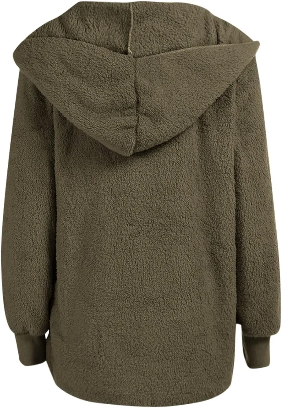 Sherpa Jacket for Women Oversized Fleece Open Front Cardigan with Hooded Fluffy Winter Coats with Pockets