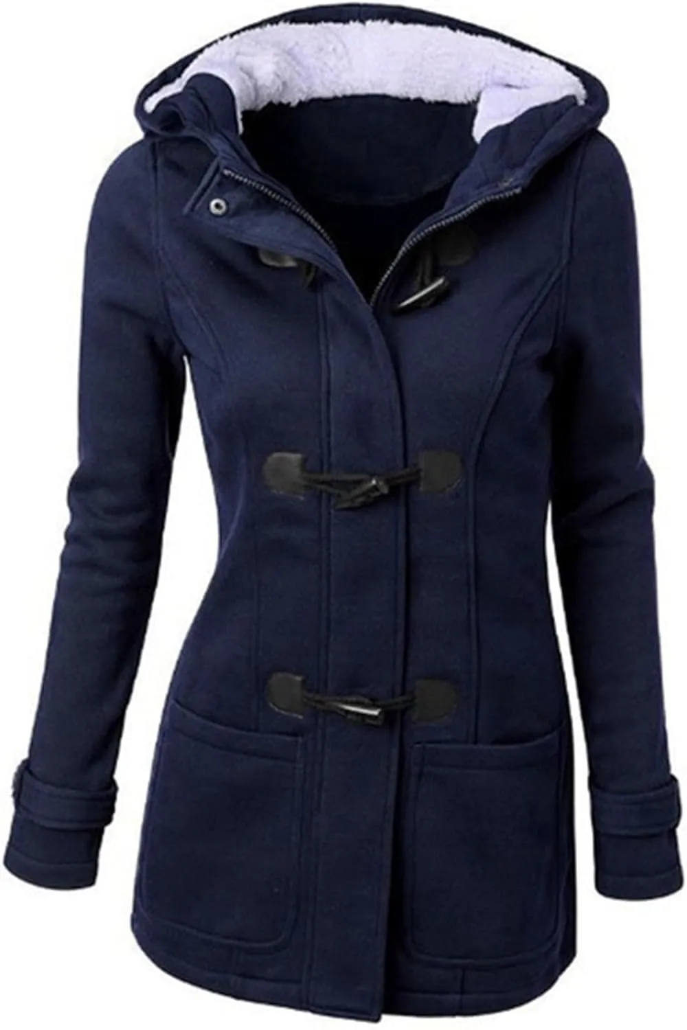 Sherpa Lined Hooded Jacket Women Winter Thicken Horn Button Long Sleeve Coats Casual Loose Wool Blend Pea Coat