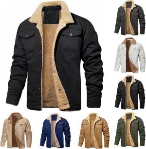 Sherpa Lined Jacket Men Fleece Warm Fuzzy Winter Coats Trucker Lapel Work Cargo Jackets Casual Overcoat with Button