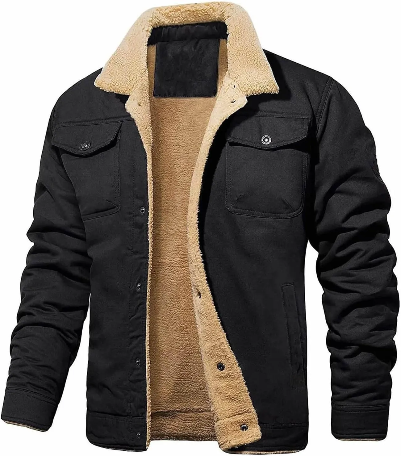 Sherpa Lined Jacket Men Fleece Warm Fuzzy Winter Coats Trucker Lapel Work Cargo Jackets Casual Overcoat with Button
