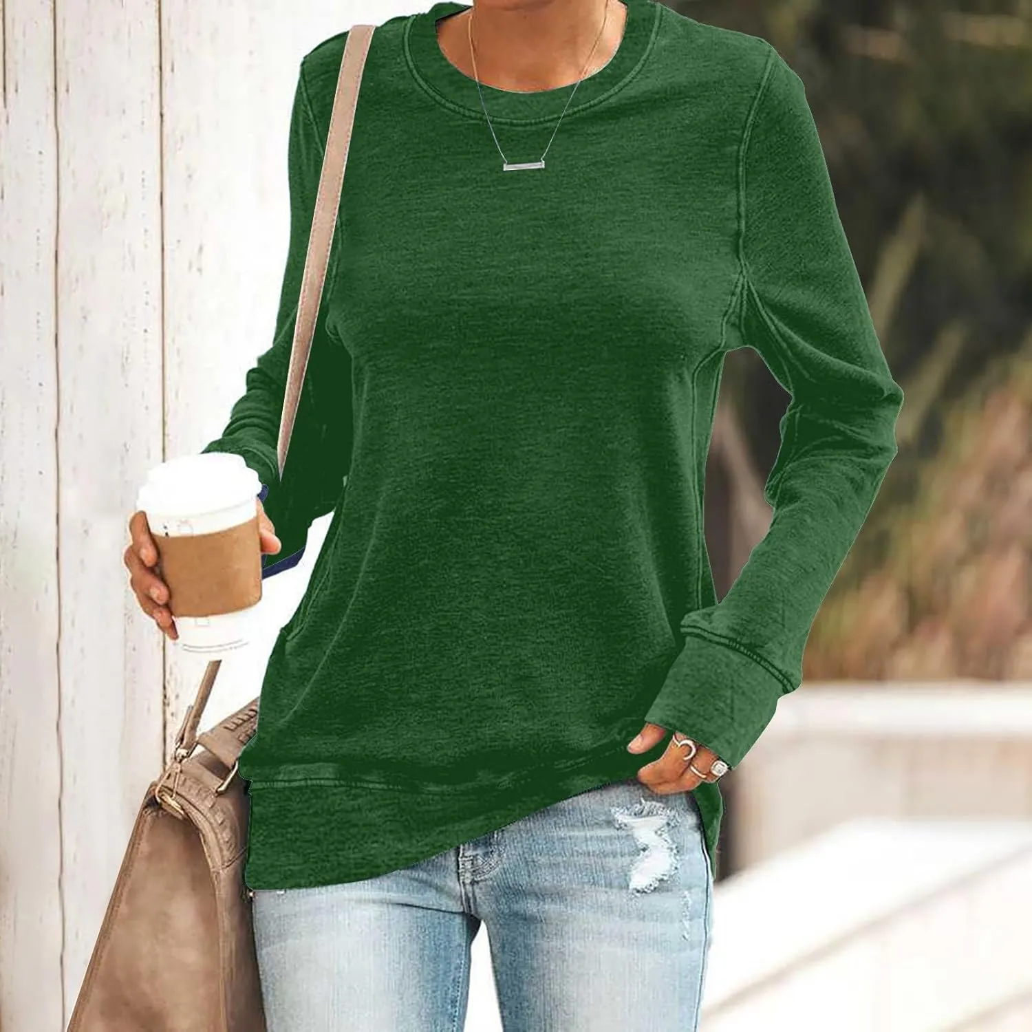 Solid Color Sweatshirt for Women Casual Loose Crewneck Long Sleeve Lightweight Jogger Workout Hoodie Fall Pullover Top