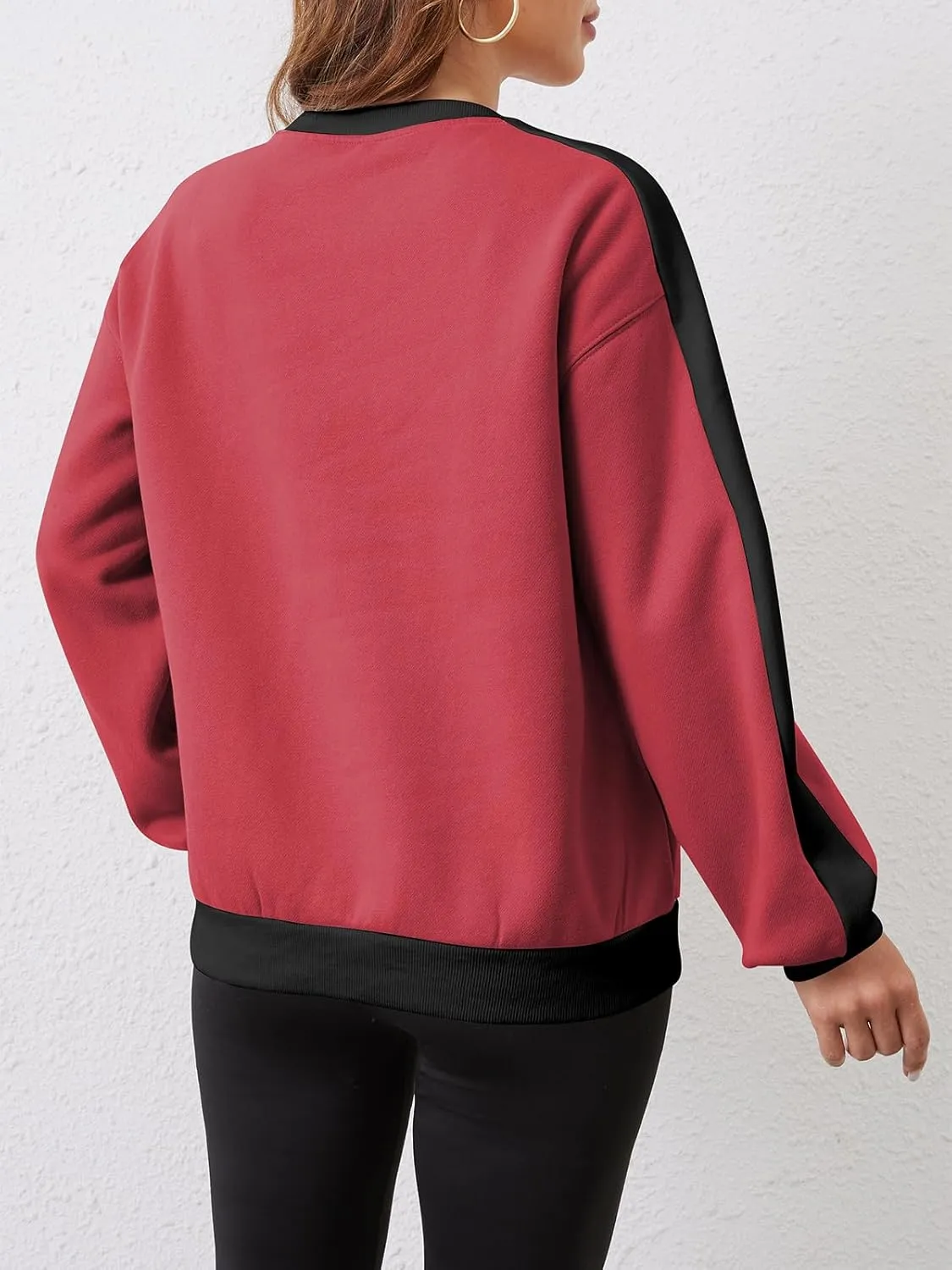 Sureple Women'S Fleece Sweatshirts Color Block Ribbed Crewneck Long Sleeve Pullover Tops Fall Winter Clothing With Pockets