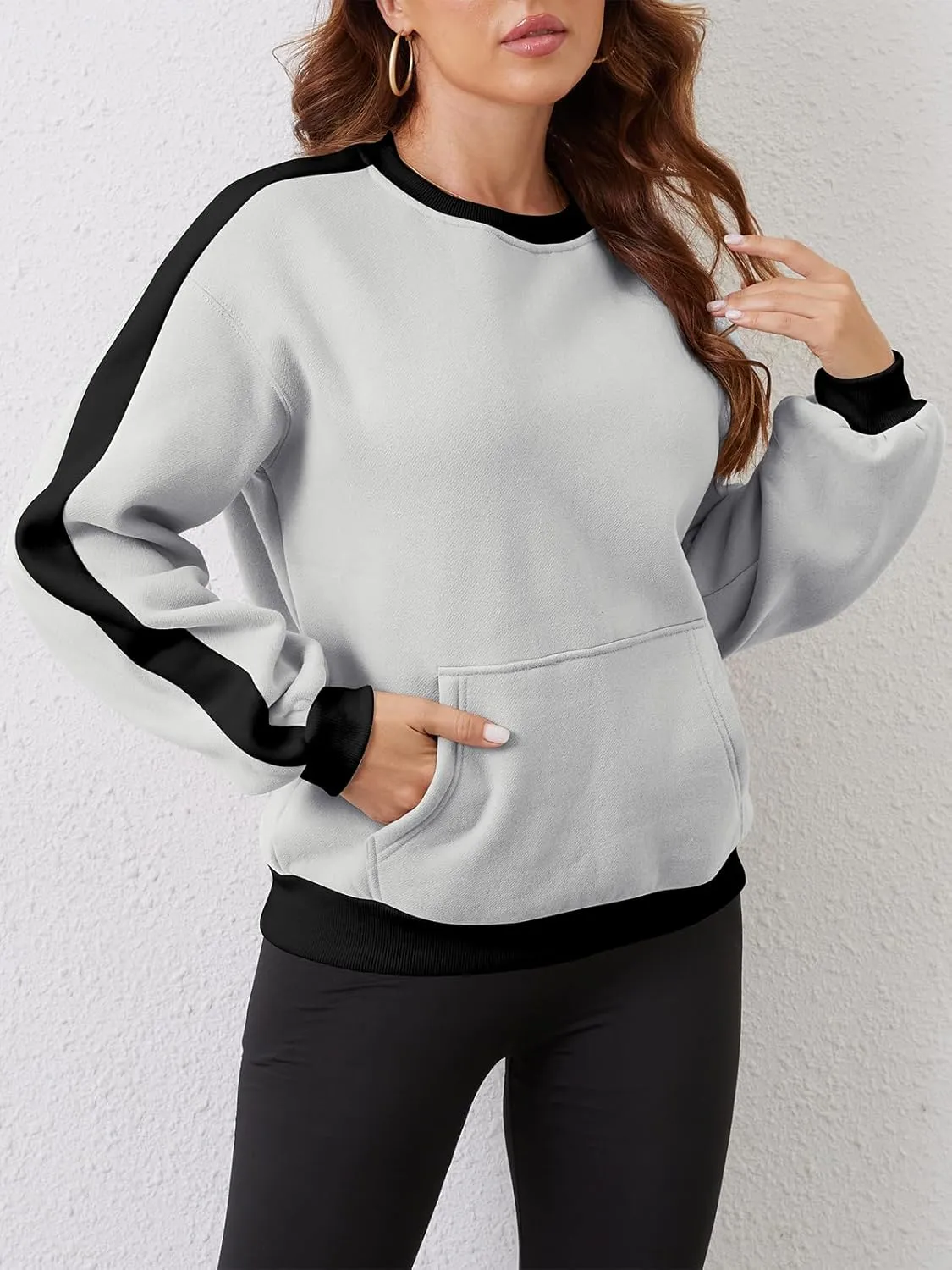 Sureple Women'S Fleece Sweatshirts Color Block Ribbed Crewneck Long Sleeve Pullover Tops Fall Winter Clothing With Pockets