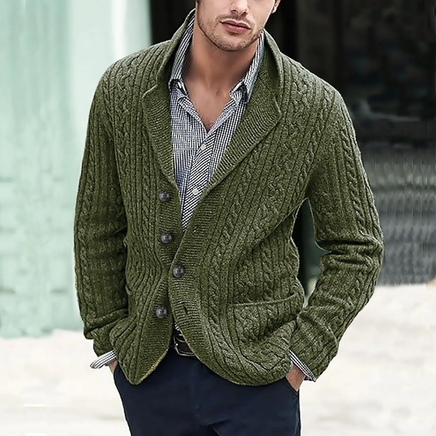 SUWBMHWE Men's Cardigan Sweater Cable Knit Button Down Shawl Collar Sweaters Casual Long Sleeve Fall Winter Sweaters Outwear