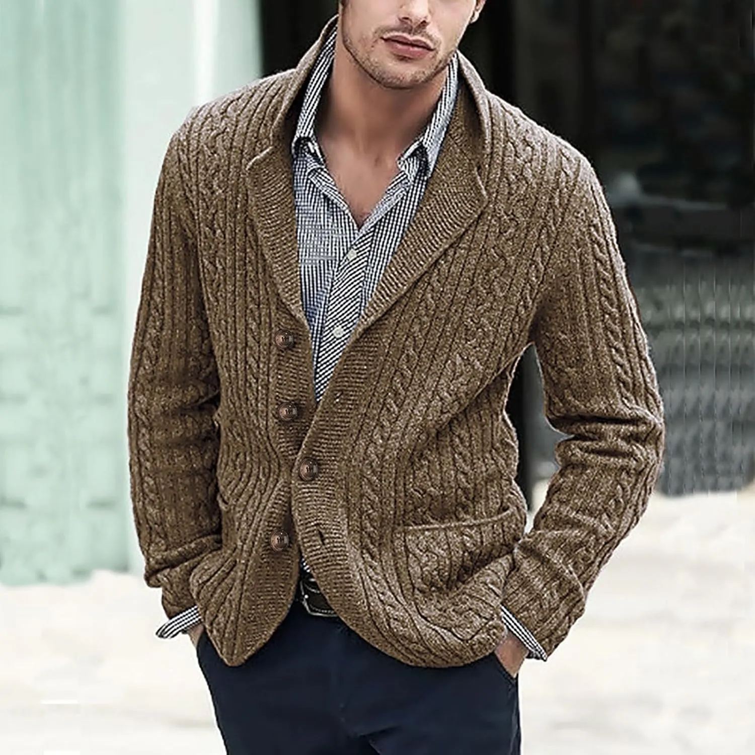 SUWBMHWE Men's Cardigan Sweater Cable Knit Button Down Shawl Collar Sweaters Casual Long Sleeve Fall Winter Sweaters Outwear