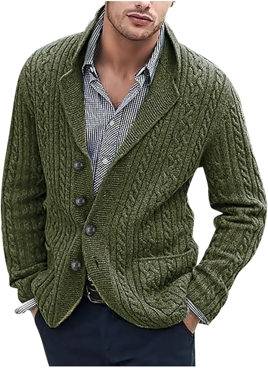 SUWBMHWE Men's Cardigan Sweater Cable Knit Button Down Shawl Collar Sweaters Casual Long Sleeve Fall Winter Sweaters Outwear