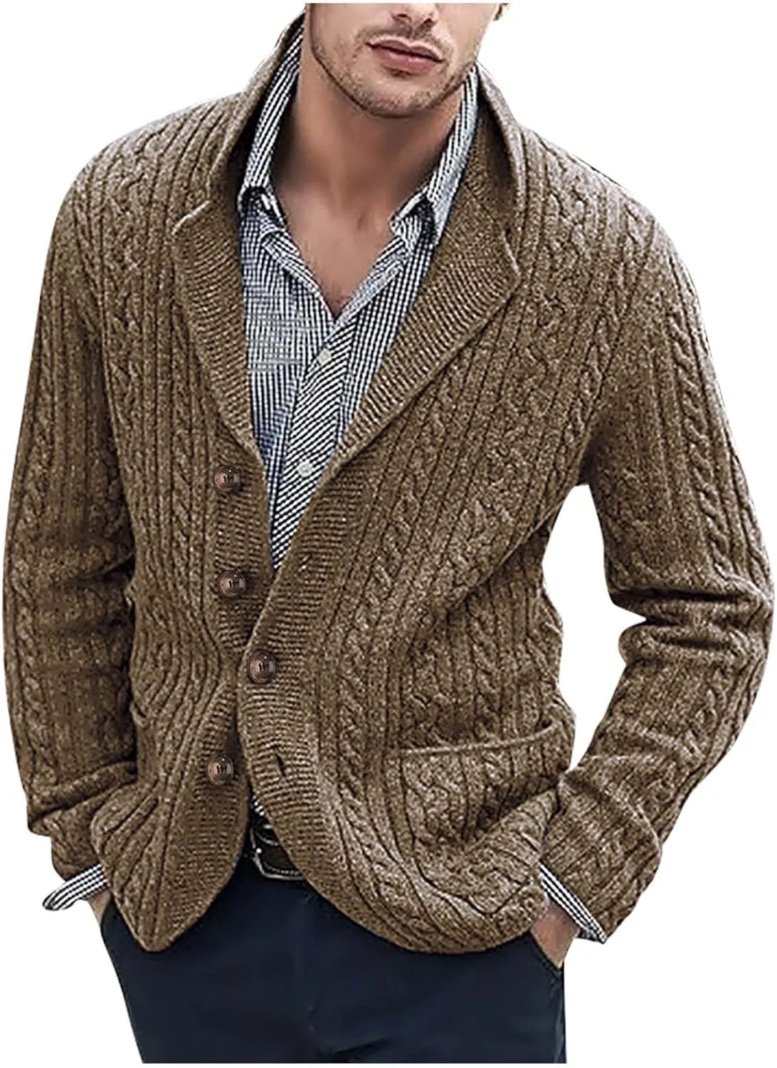 SUWBMHWE Men's Cardigan Sweater Cable Knit Button Down Shawl Collar Sweaters Casual Long Sleeve Fall Winter Sweaters Outwear